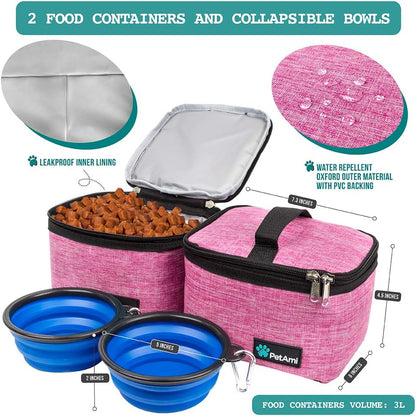 Dog Travel Bag, Travel Pet Bag Organizer, Dog Food Travel Bag with Container Collapsible Bowls, Pet Travel Supplies Gift Accessories for Weekend Camping, Puppy Cat Diaper Bag, Pink Medium
