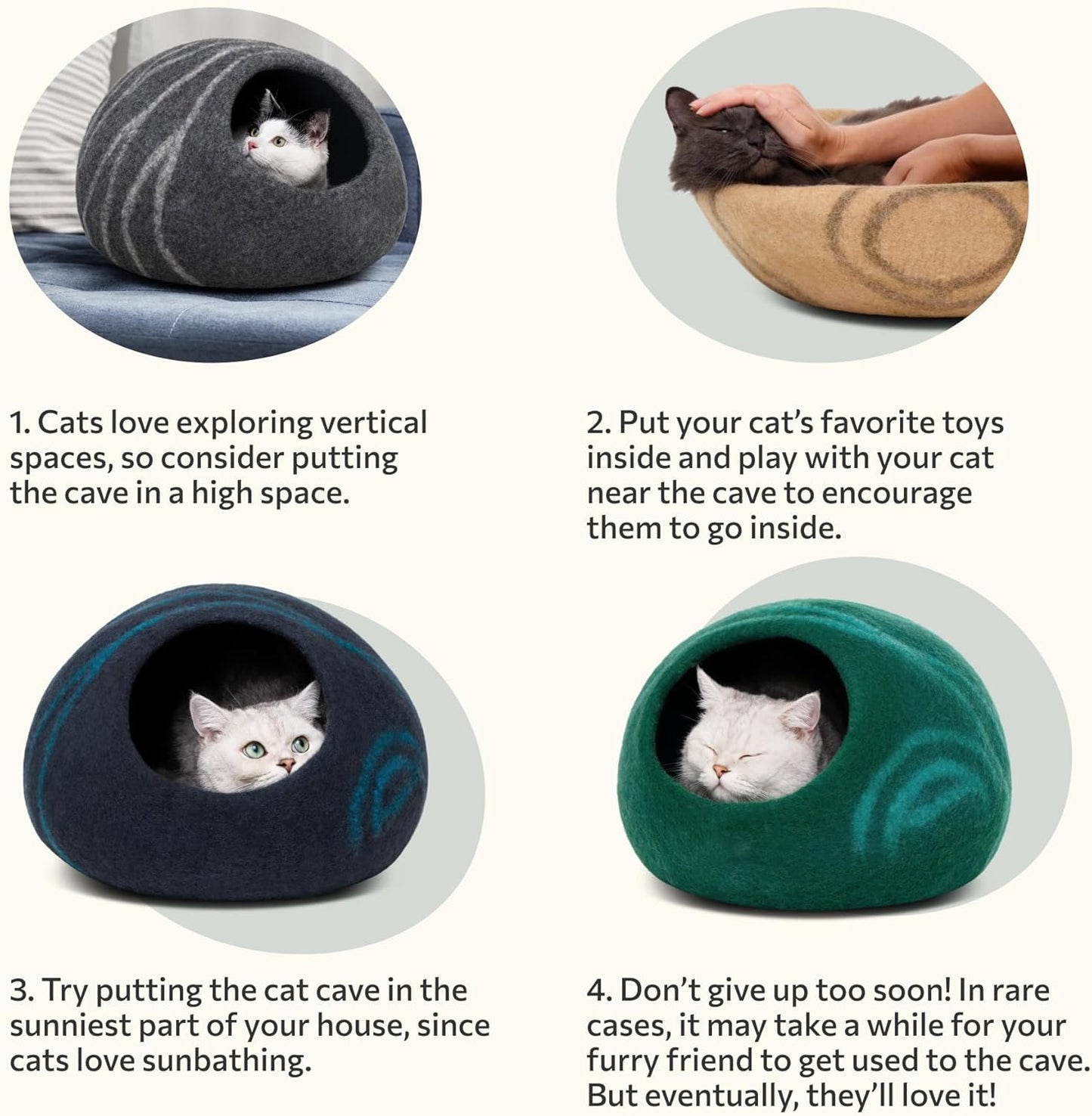 Cat Cave – Premium Felt Cat Bed for Indoor Cats, Handmade Merino Wool (Light Grey, Large)