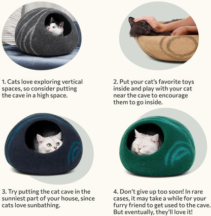 Cat Cave – Premium Felt Cat Bed for Indoor Cats, Handmade Merino Wool (Light Grey, Large)