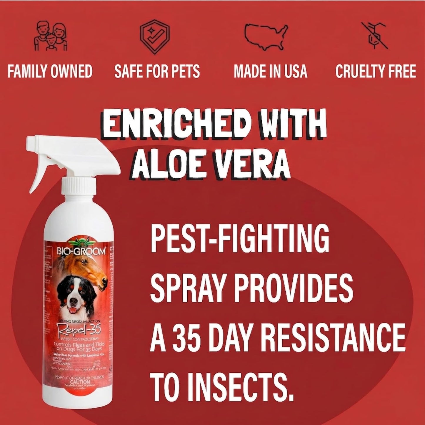 Repel-35 Flea & Tick Dog Spray - Flea and Tick Prevention for Dogs, Cat Flea Treatment, Cruelty-Free, Made in USA, Natural Tick Repellent, Fly Spray for Horses - 16 Fl Oz 1-Pack