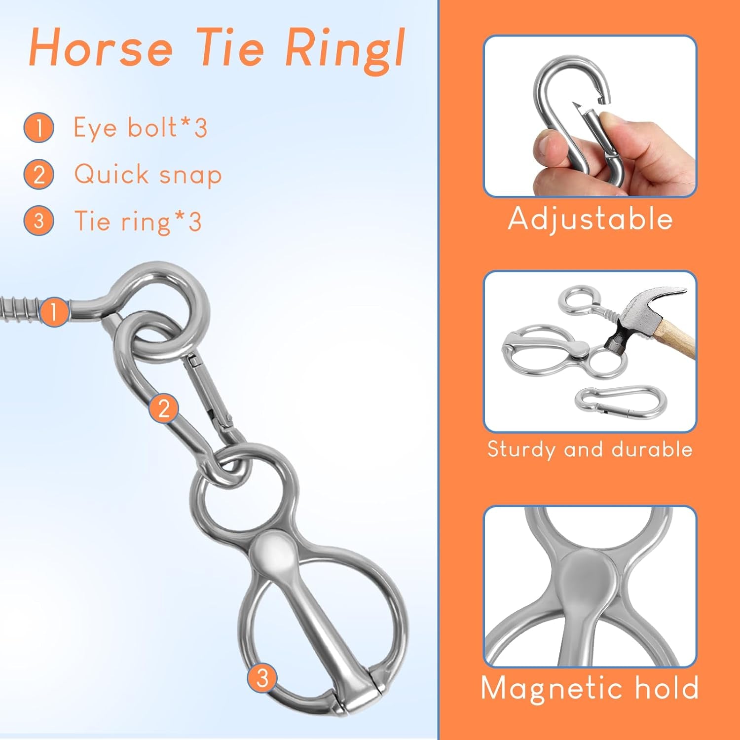 Horse Tie Ring, 4 Sets Horse Tack and Supplies, Stainless Steel Safe Horse Acces